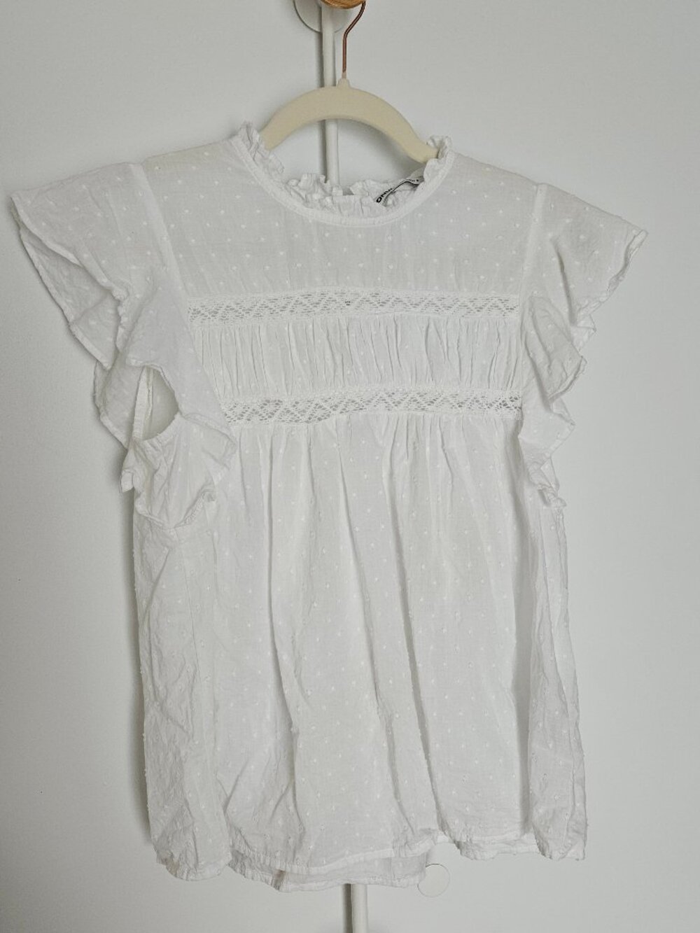 White smocked ruffle sleeve cotton blouse